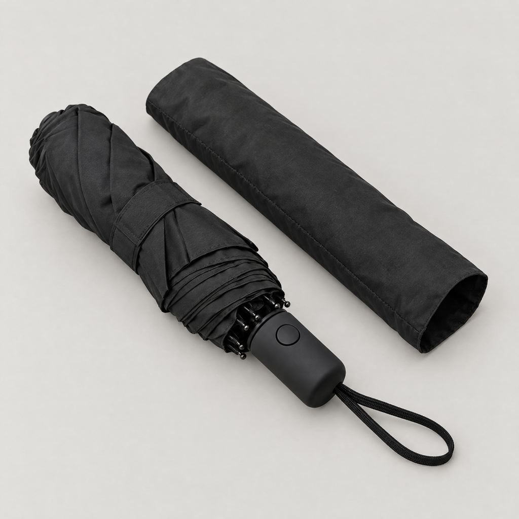 Paraguas plegable automático negro, plegado junto a su funda