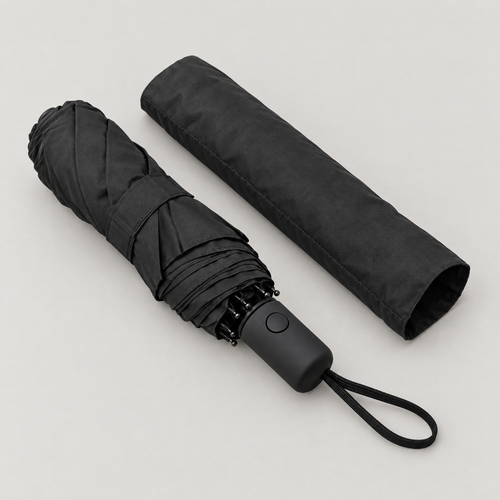 Paraguas plegable automático negro, plegado junto a su funda