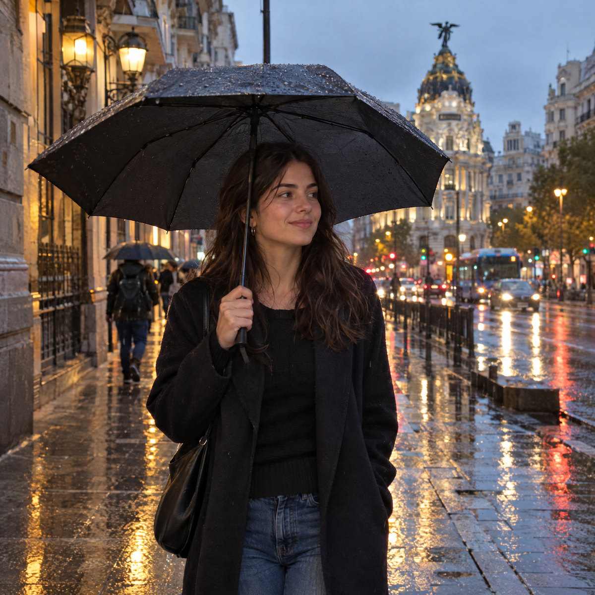 Paraguas negro abierto en una calle de Madrid con lluvia